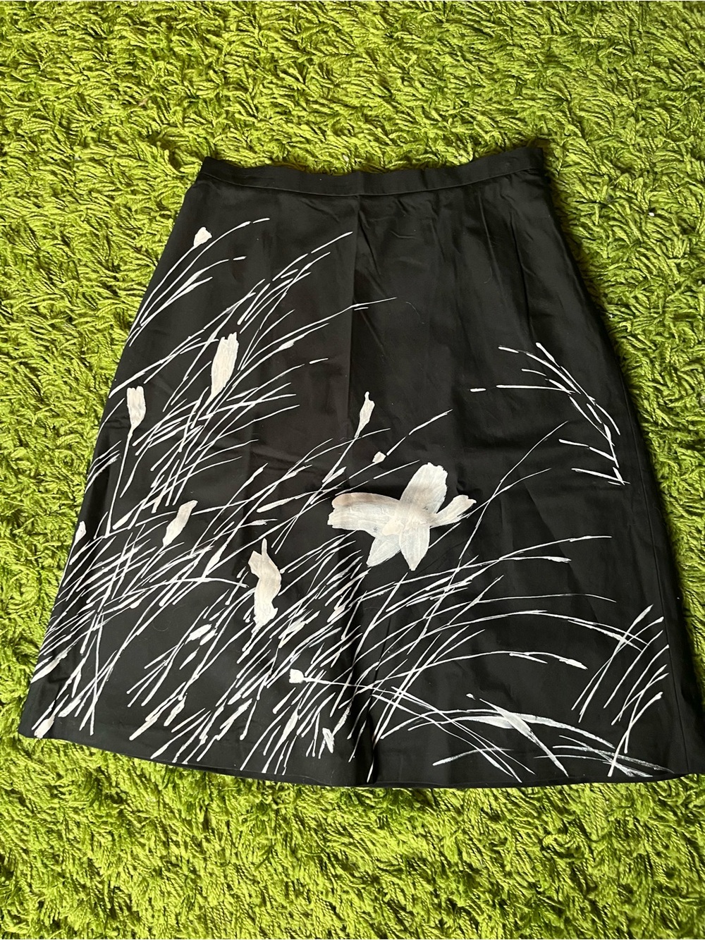 Black A-Line Skirt with White Botanical Brushprint